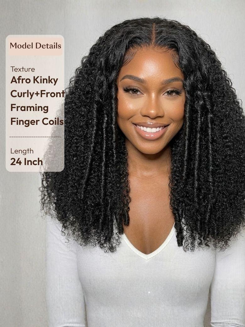 A model displays the UNice FB 7x5 Bye Bye Slip & 13x4 Pre-Everything Curly Texture Premium Hair wig, showing model model curly wig and curly texture, 7x5, 13x4.