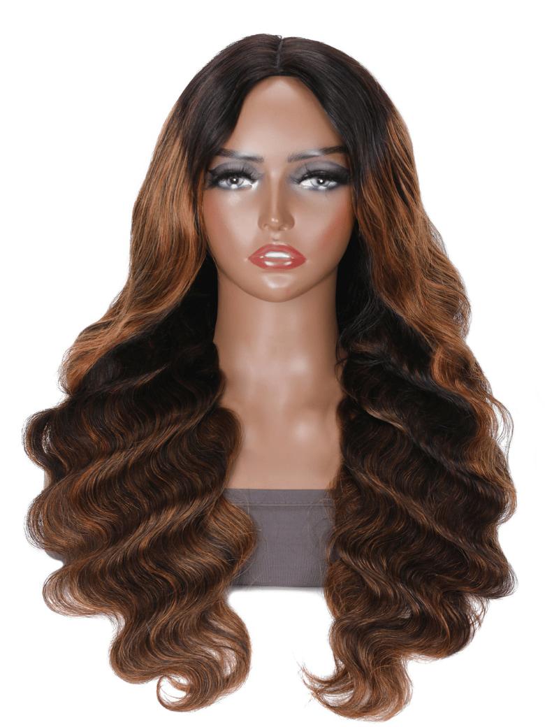 The UNice Scalp-Friendly V Part Body Wave Shadow Root Balayage Highlight Colored wig product image shows a wig with long wavy hair and body wave texture, highlight.