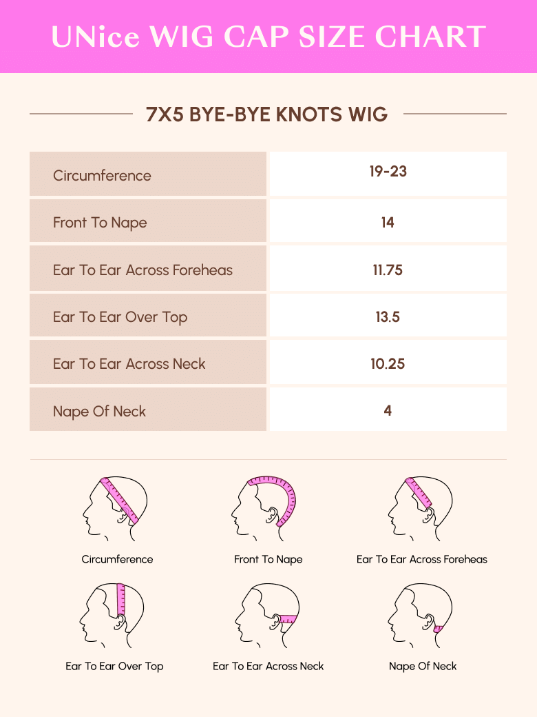 The UNice 7x5 ByeBye Knots Wig Glueless Lace Honey Blonde 3D Body Wave Wig With Bleached image highlights UNice WIG CAPSIZECHART, 7X5BYE-BYEKNOTSWIG, Circumference.