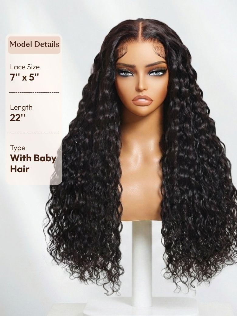 The UNice 7x5 Bye Bye Slip Glueless Water Wave Drawstring Wig With Baby Hair image highlights Model Details, LaceSize, Length, Type, full lace wigs with baby hair.
