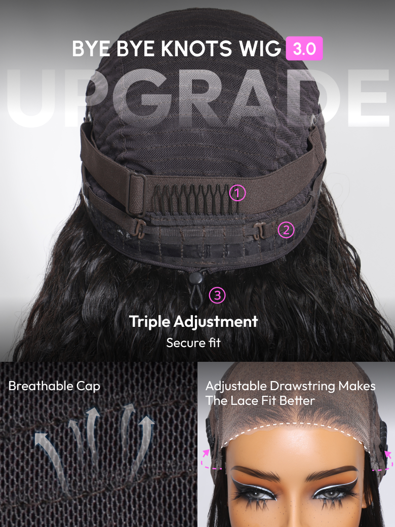 The UNice Byebye Knots Wig 7x5 Pre Cut Lace Water Wave Flexible Cap Size Drawstring Wig image highlights BYE BYE KNOTS WIG, GRAD, Triple Adjustment, Securefit, a close.