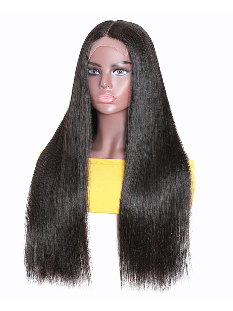 The UNice Straight Hair Lace Wig Pre-plucked 150% Density 4x0.75 Lace Part Wig product image shows a doll with long hair and a yellow shirt and straight texture, 4x0.