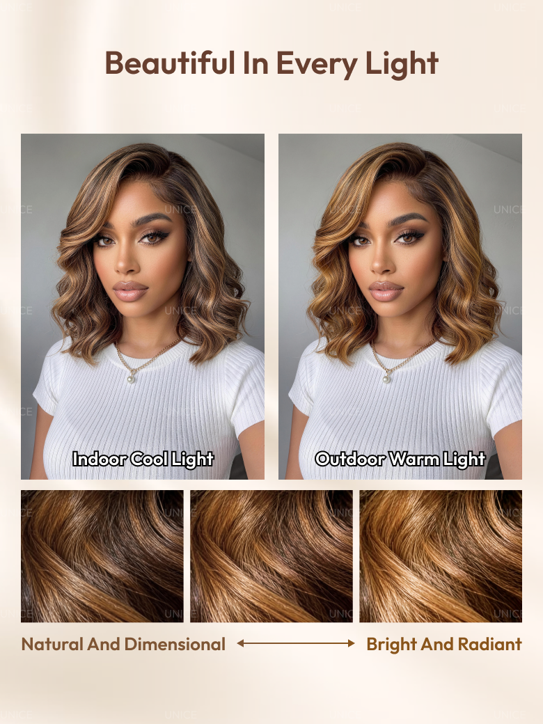A model displays the UNice 7x5 & 13x4 Pre-Everything Lace Frontal Brown With Honey Blonde Face-Framing, showing beautiful hair color chart and honey blonde, highlight.