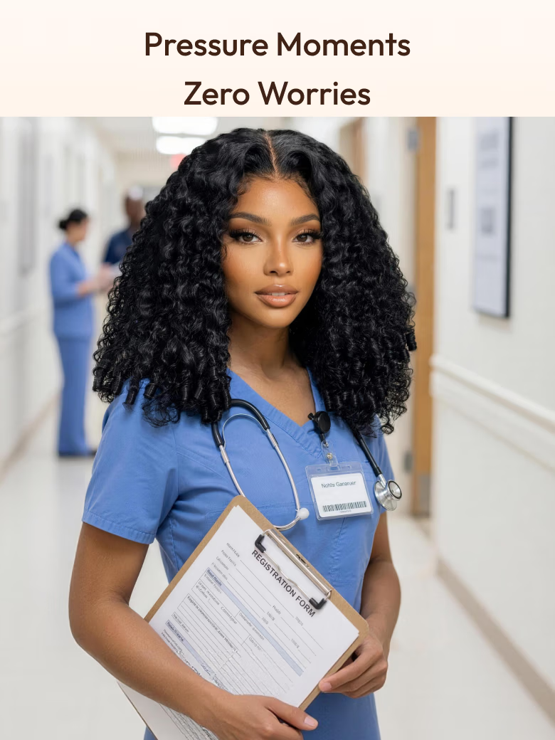 A model displays the UNice Real Glueless 7x5 Bye Bye Knots Lace 13X4 Pre-Eerything Lace Curly Texture wig, showing a nurse holding a clipboard in her hands and curly.