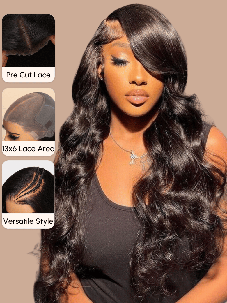 A model displays the UNice 7x5 Lace Bye Bye Knots & 13x6 Lace Frontal Black Body Wave Pre-Everything Wig, showing a model with long hair and a black top and body wave.