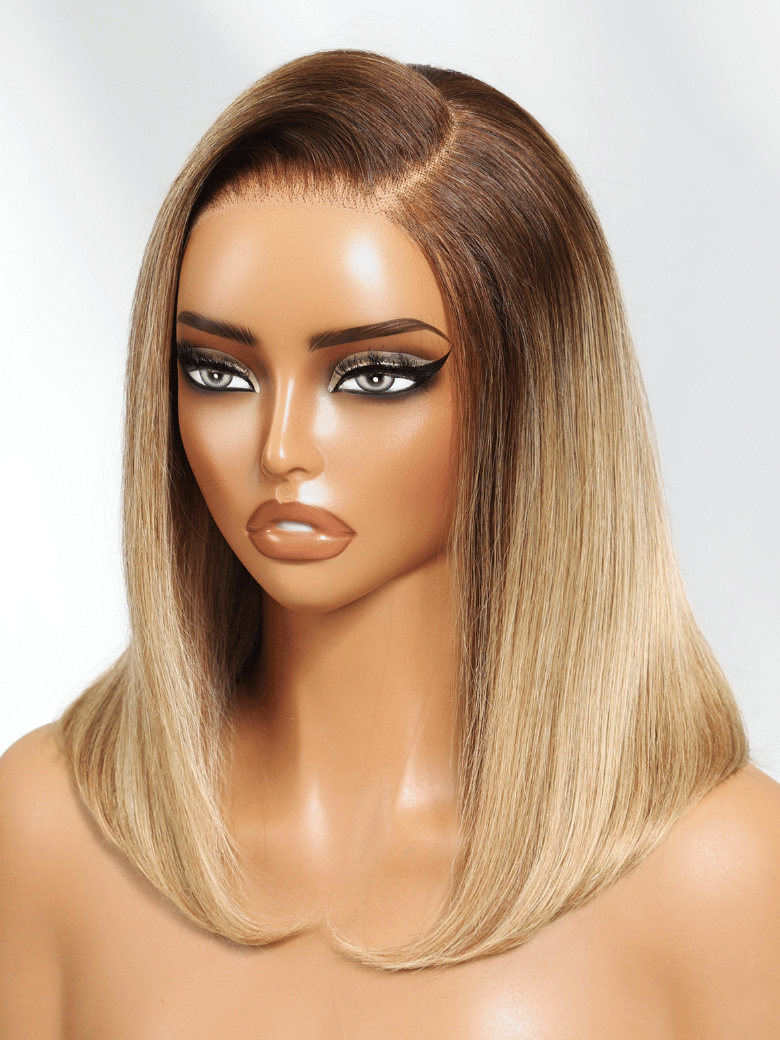 The UNice Blonde with Brown Roots Side Part Blunt Bob Wig 7x5 Bye Bye Knots Lace Wig image highlights 1O, a blonde wig with long hair and a black eye and 7x5, lace.