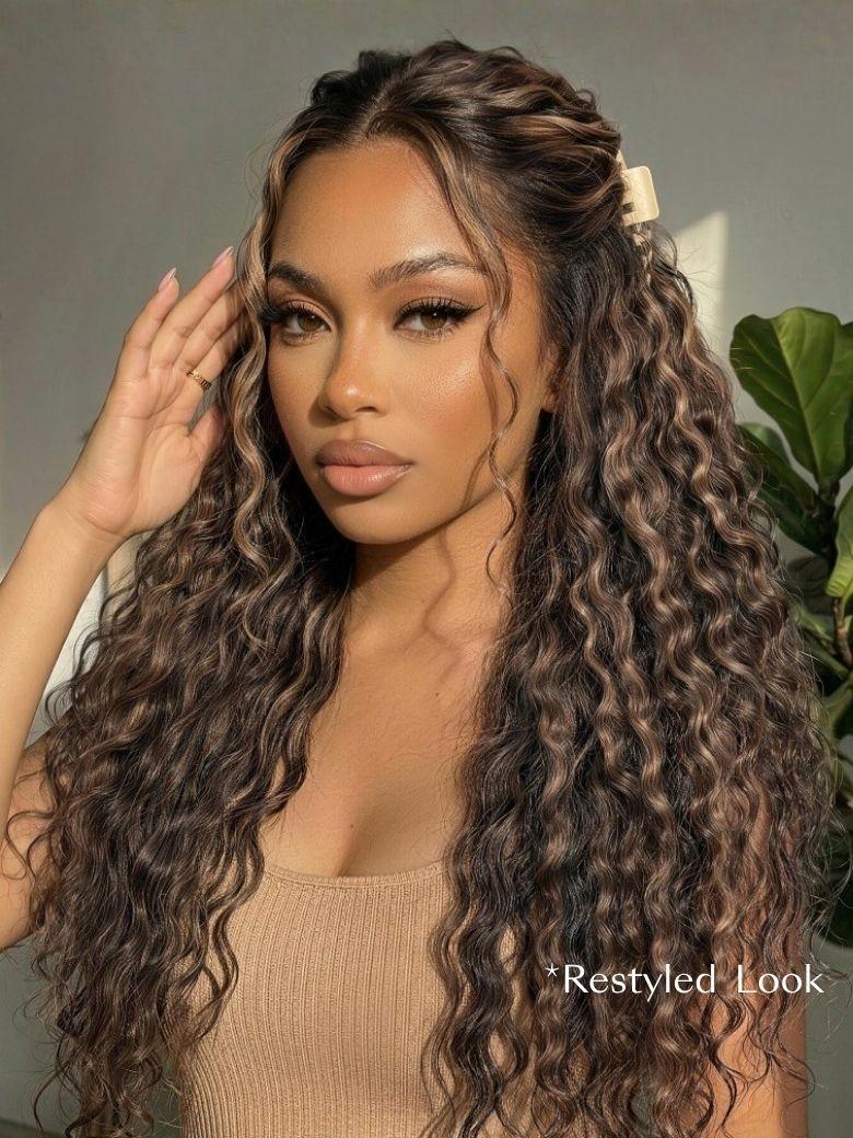 A model displays the UNice 7x5 Bye Bye Slip Lace Water Wave Black Wig With Golden Brown Highlights 150%, showing a model with long curly hair wearing a brown top.