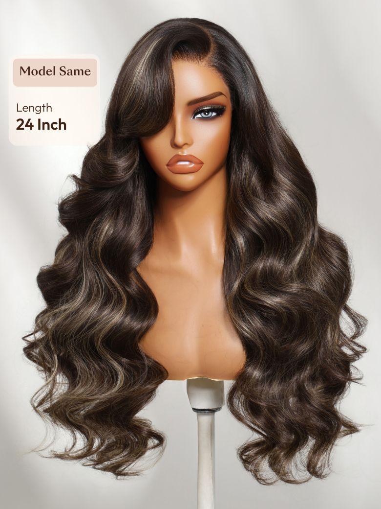 The UNice 7x5 Bye Bye Slip Lace Frontal Dark Chocolate Brown with Caramel Highlights image highlights Model Same, Length, 24Inch, a wig with long wavy hair and a brown.