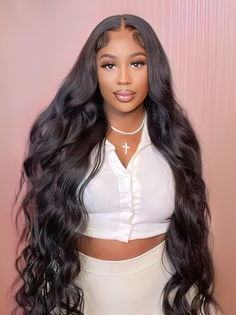 A model displays the UNice 40 Inch 200% Density Undetectable HD Lace Front Body Wave Human Hair Wig Pre, showing a model with long black hair wearing a white top.