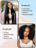 A model displays the UNice 2 wig $185 for 22" Middle Lace Part Kinky Straight Hair And 250% Density 14" V, showing the product label for the product label is shown above.