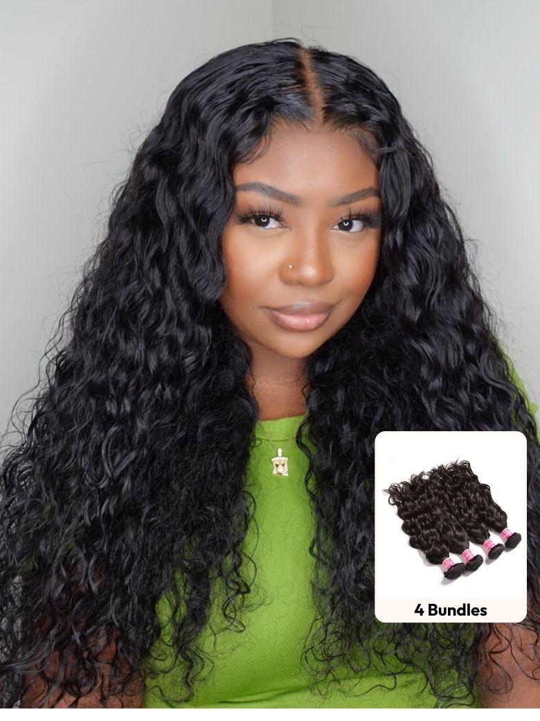 A model displays the UNice 4Pcs Natural Wave Remy Human Hair Weaves, showing a model with long curly hair and a green shirt.