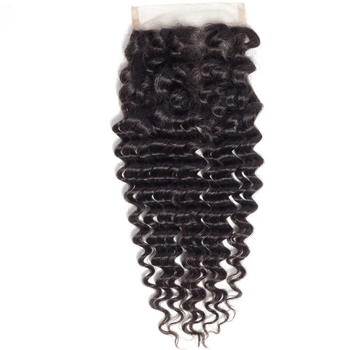 4x4 Transparent Lace Closure Deep Wave Human Hair Closure Natural Black Hair Top Swiss Lace