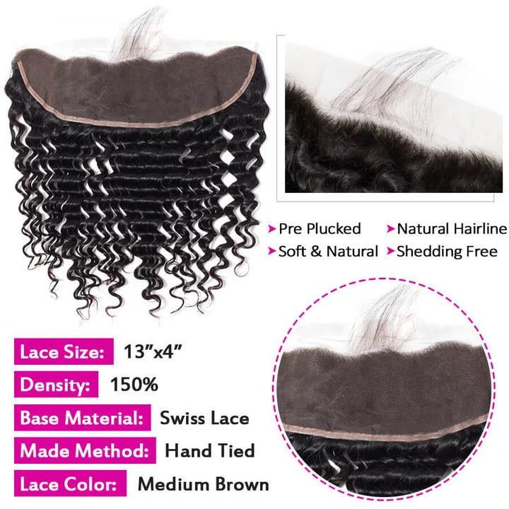 13x4 Deep Wave Transparent Lace Frontal Hair Ear to Ear Lace Frontal Human Hair 12A Quality