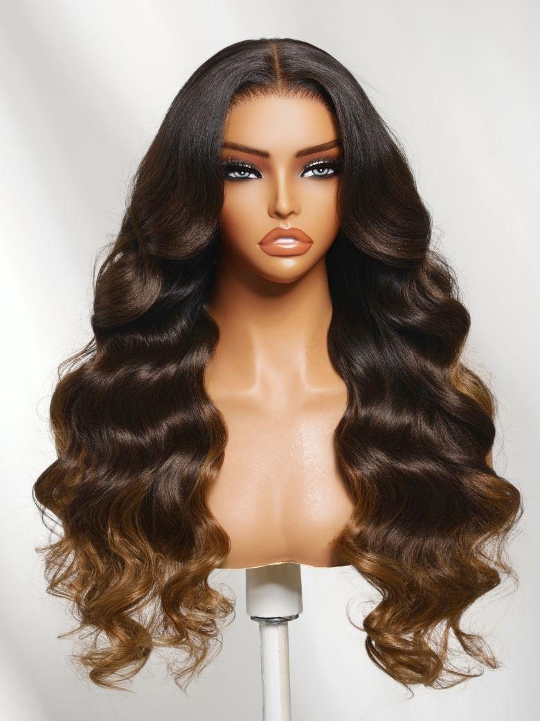The UNice 13x4 Bye Bye Slip Lace Frontal Dark to Brown Ombre with Caramel Blonde Ends visual image position 2 shows a wig with long wavy hair | body wave texture, yaki.