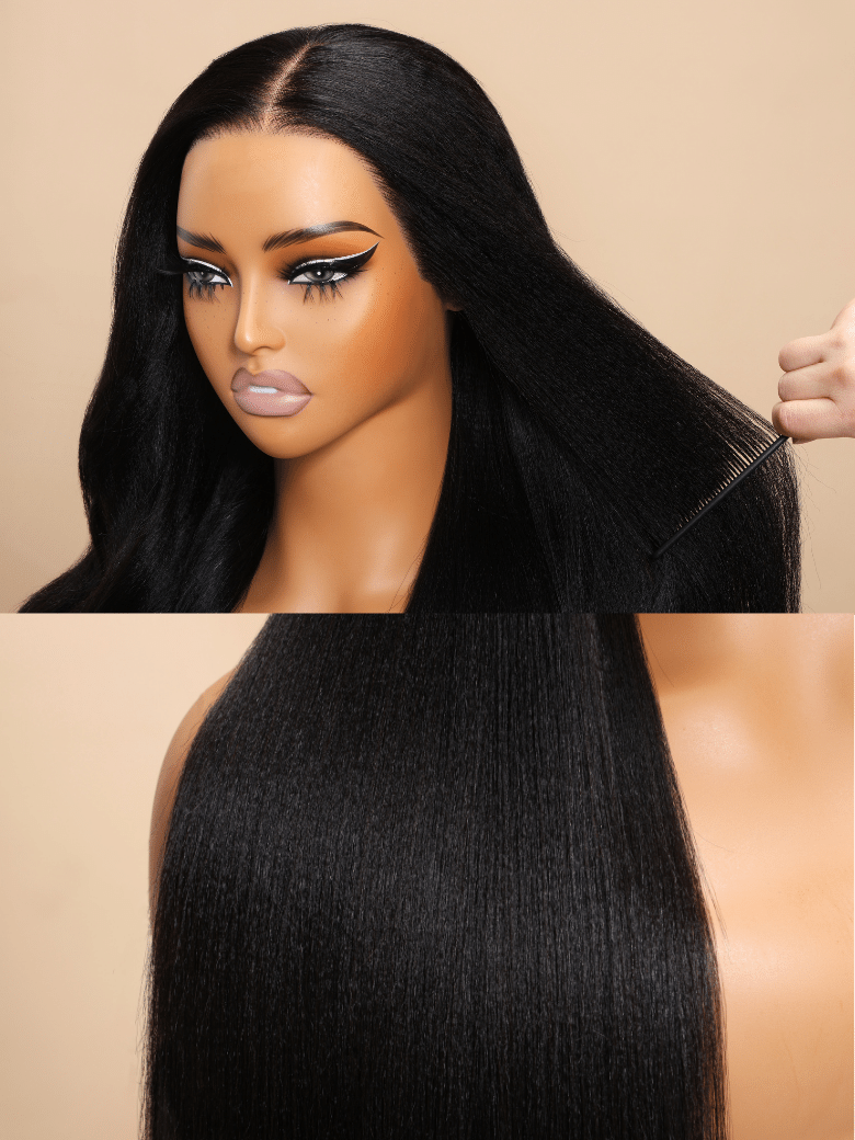 A model displays the UNice Ins Only 26" At 24" Price Black Yaki Straight 7x5 Bye Bye Knots Glueless Lace wig, showing a model with long black hair and a black eyeliner.
