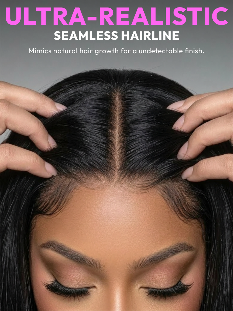 Close-up of hd lace glueless human hair wig featuring seamless hairline and realistic scalp appearance.
