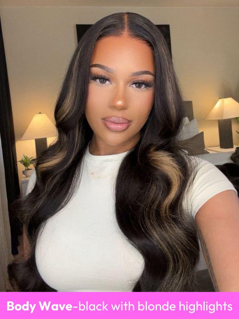 A model displays the UNice 13x4 Glueless Lace Front Collection Wig Virgin Human Hair Wig, showing a model with long hair and a white top and 13x4, glueless wear, lace.