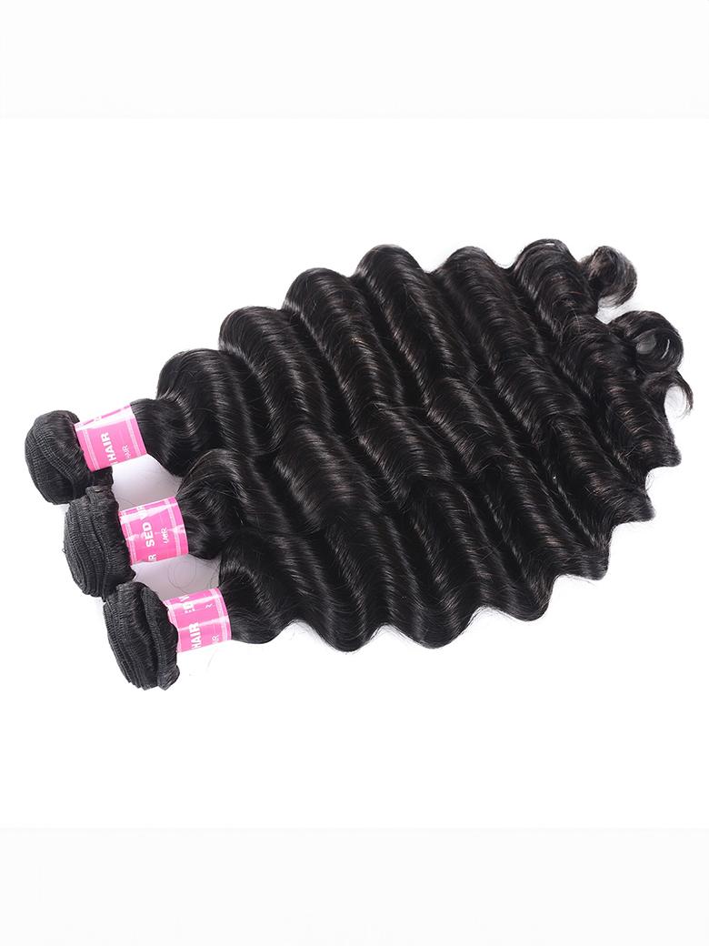 The UNice Loose Deep Wave Human Hair 3 Pcs Bundles image highlights HAIR, virgin hair extensions and deep wave texture, bundle fullness.