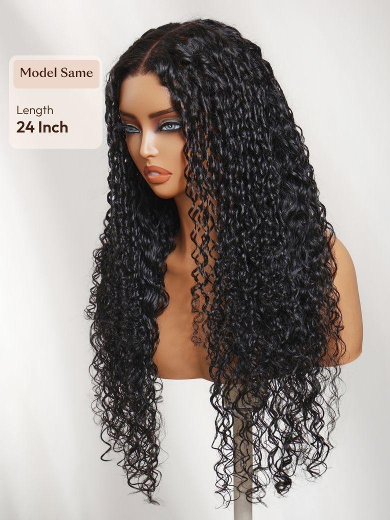 A model displays the UNice 7x5 Bye Bye Slip Lace Black Defined Mixed Curly Glueless Wig with Invisi, showing a wig with curly hair on a mann mann and curly texture, 7x5.