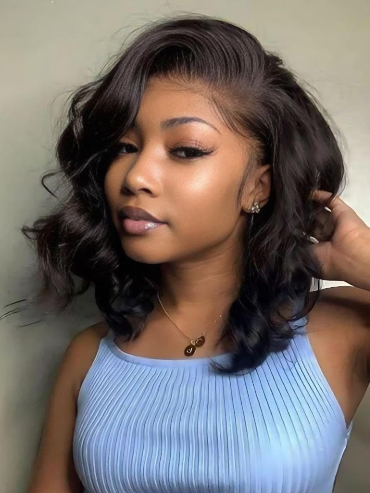 A model displays the UNice 13x4 Lace Front Yaki Bob Wig With Invisible Drawstring Pre-Cut, Pre-Bleached &, showing a model with a wavy bob bob bob bob bob bob bob bob.