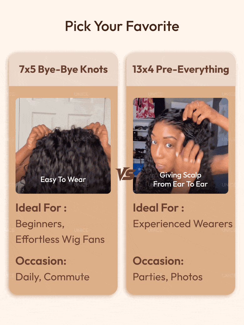 A model displays the UNice 7x5 Bye Bye Knots & 13x4 Pre-Everything Lace Frontal Natural Black & Golden, showing a model is shown in three different ways and water wave.