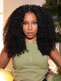 A model displays the UNice 13x4 Lace Front Fluffy Kinky Curly Afro Natural Black Human Hair Wig, showing a model with long curly hair sitting on a couch and kinky curly.