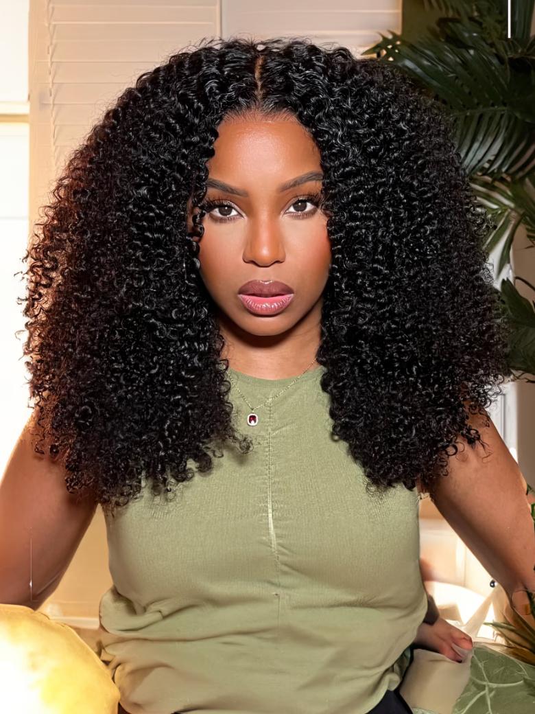 A model displays the UNice 13x4 Lace Front Fluffy Kinky Curly Afro Natural Black Human Hair Wig, showing a model with long curly hair sitting on a couch and kinky curly.