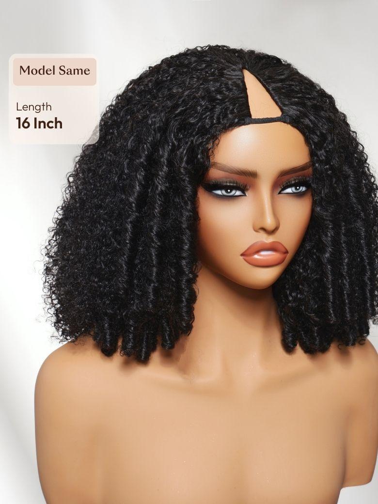 The UNice EasiContour V Part Afro Kinky Curly with Finger Coil Ends Drawstring Wig visual image position 5 shows a model with long curly hair and a black wig | visible.