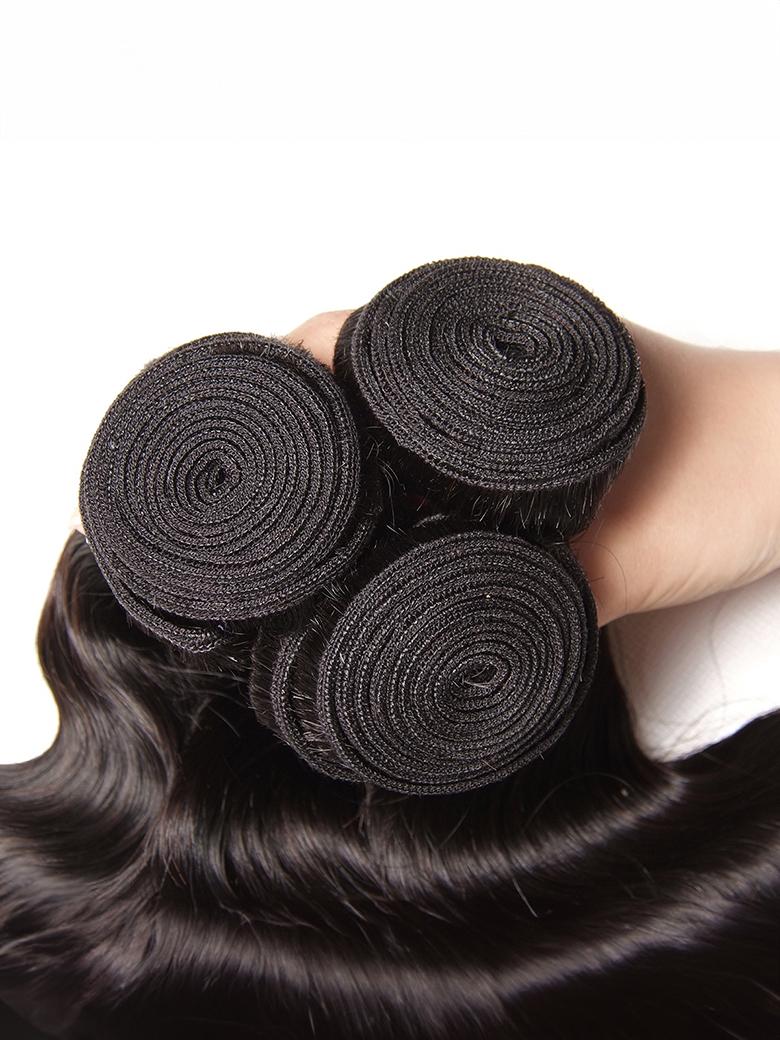 A model displays the UNice Hair Peruvian Body Wave HD Lace Closure With 3pcs Human Hair Weave, showing a woman ' s hand holding three bundles of hair and body wave.
