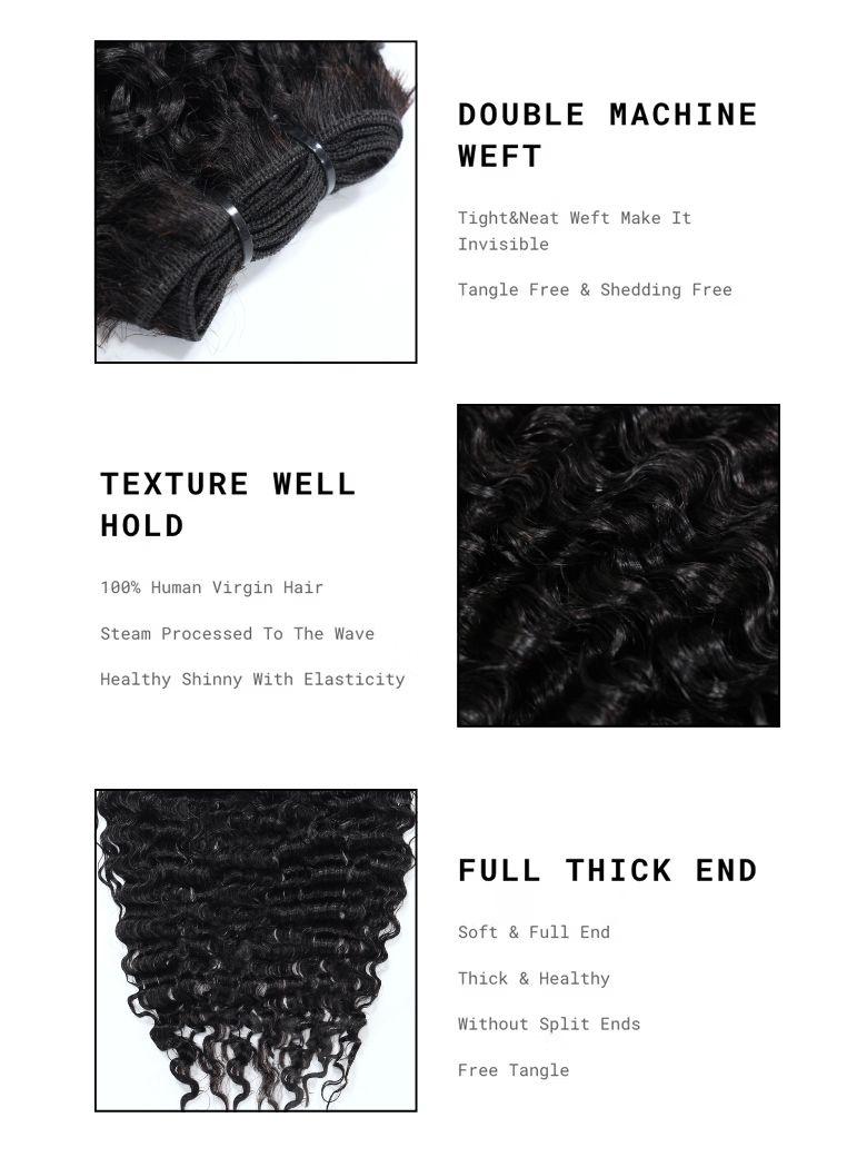 The UNice 3 Pcs/Pack Messy Curly Human Hair 3 Bundles Indian Deep Curly Texture image highlights DOUBLE MACHINE, WEFT, Tight&Neat Weft Make It, Invisible, the different.