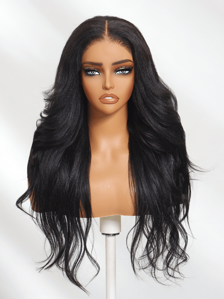 The UNice Bye Bye Knots 7x5 Natural Lace Black Yaki Wig with Soft Layers & Pre-Plucked product image shows a wig with long black hair and yaki texture, 7x5, lace finish.