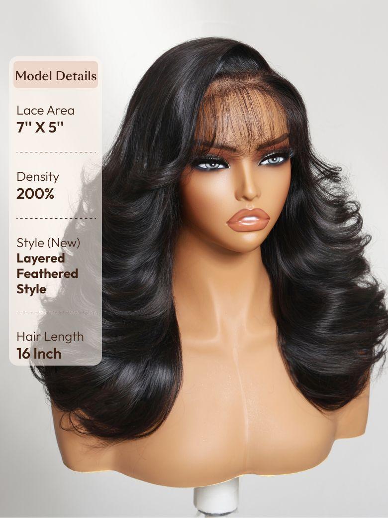 The UNice Stylish Choice UNice 13x4 Pre-Everything Side-Part Fluffy Loose Wave Wig With image highlights Model Details, Lace Area, 7"X5", Density, a wig with a long.