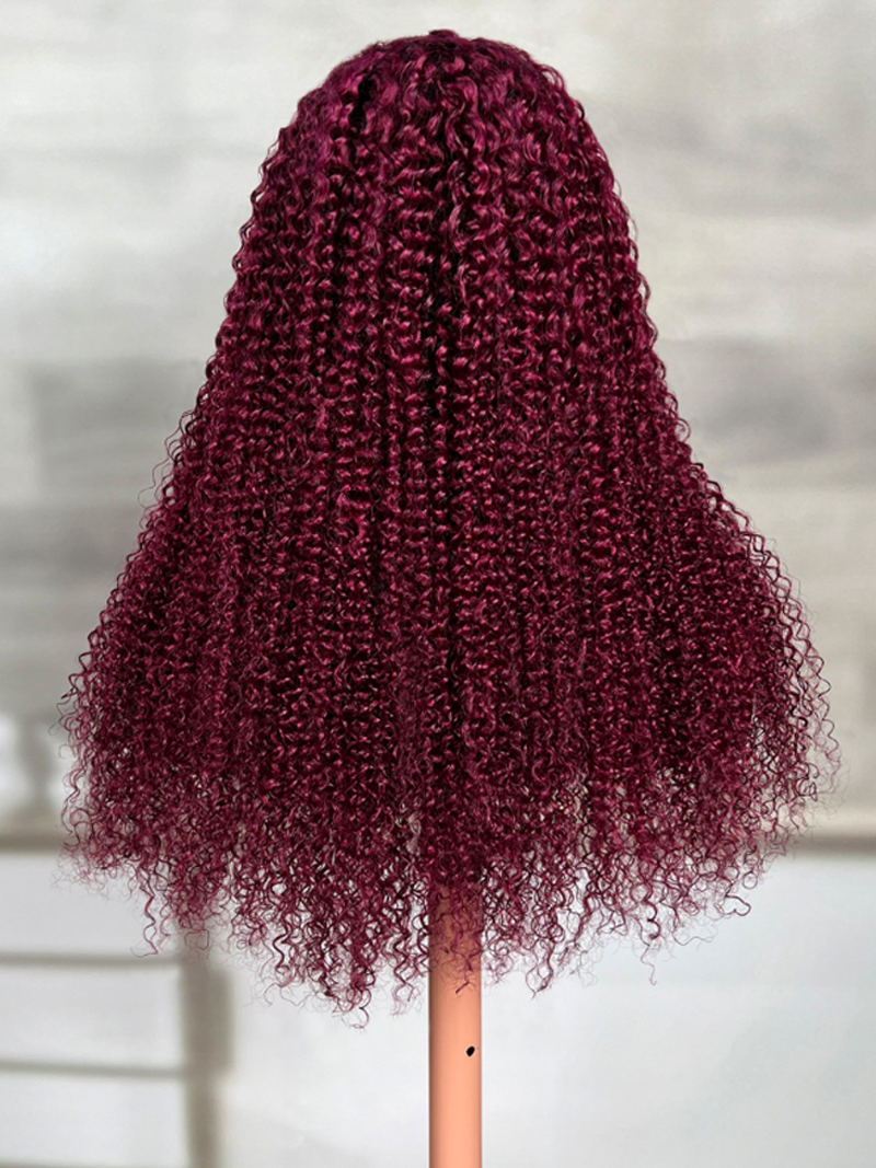The UNice Beginner Friendly V Part Burgundy Ombre With Dark Roots Curly Wig 150% Density product image shows a wig with curly hair on a stand and curly texture.