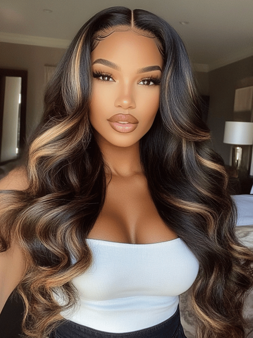 A model displays the UNice 18'' UNice Body Wave 7x5 Bye Bye Knots Glueless Lace Wig Black With Blonde, showing a model with long hair wearing a white top and body wave.