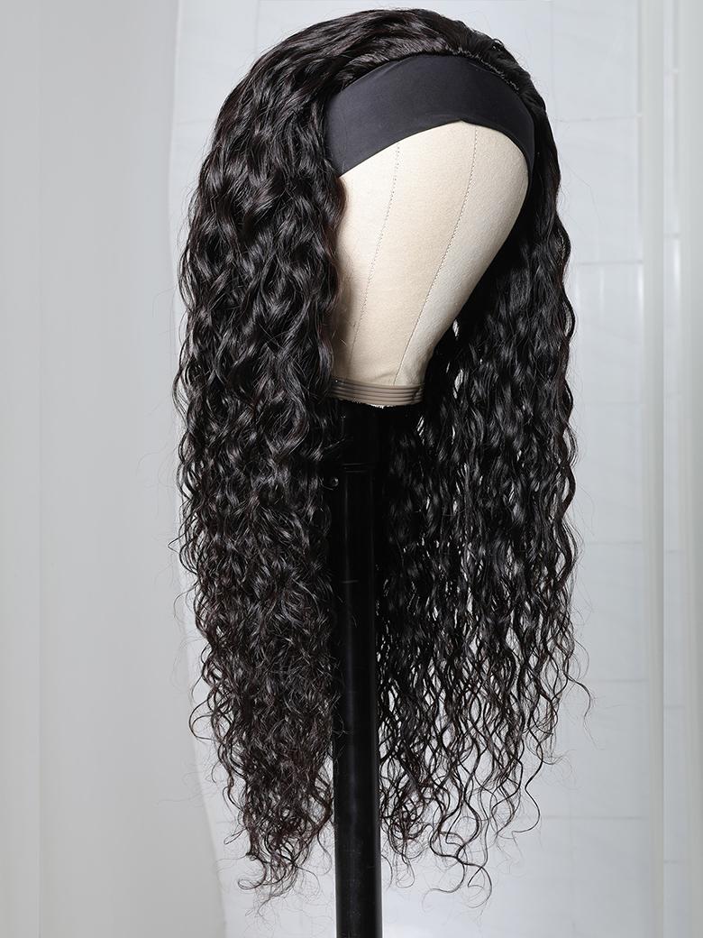 The UNice Put On And Go Water Wave Human Hair Headband Glueless Wig visual image position 6 shows a wig on a manne | water wave texture, glueless wear.