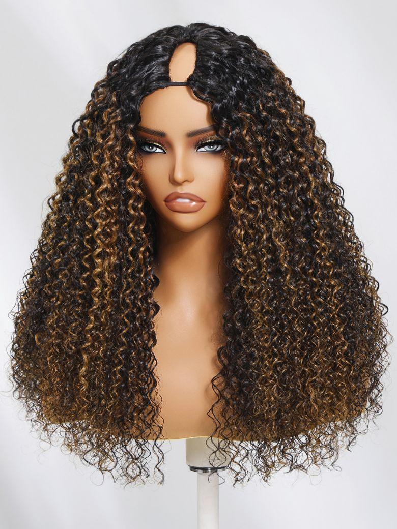 The UNice With Drawstring UNice EasiContour V Part Brown Highlights with Dark Roots wig image highlights CO, a wig with curly hair on a mann and jerry curl texture.