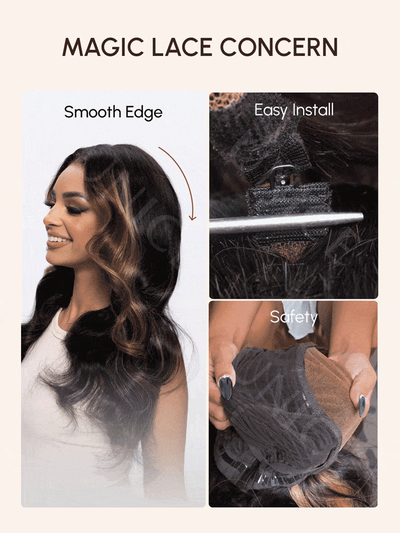 The UNice Light Brown & Golden Blonde Highlights Body Wave Replaceable Lace Closure For image highlights MAGICLACE CONCERN, Smooth Edge, Easy Install, Safety, magic.