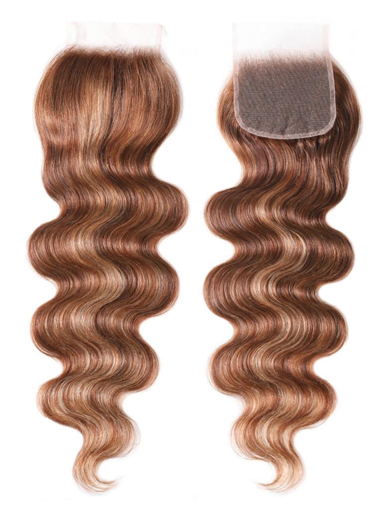 The UNice Honey Blonde Piano Highlighted Body Wave 4Pcs Bundles With Closure product image shows a pair of wavy hair with a lace closure and body wave texture, honey.