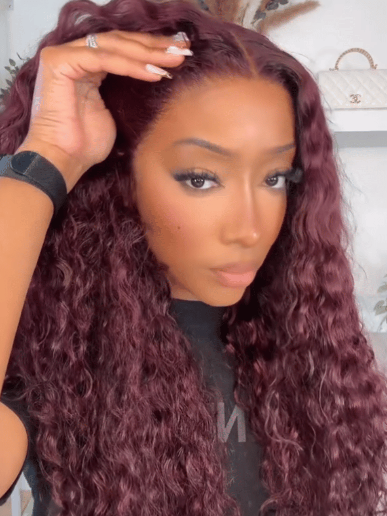 The UNice 13x4 Bye Bye Slip Lace Frontal Black Cherry Water Wave Glueless Drawstring Wig product image shows a wig with long curly hair and purple hair and water wave.