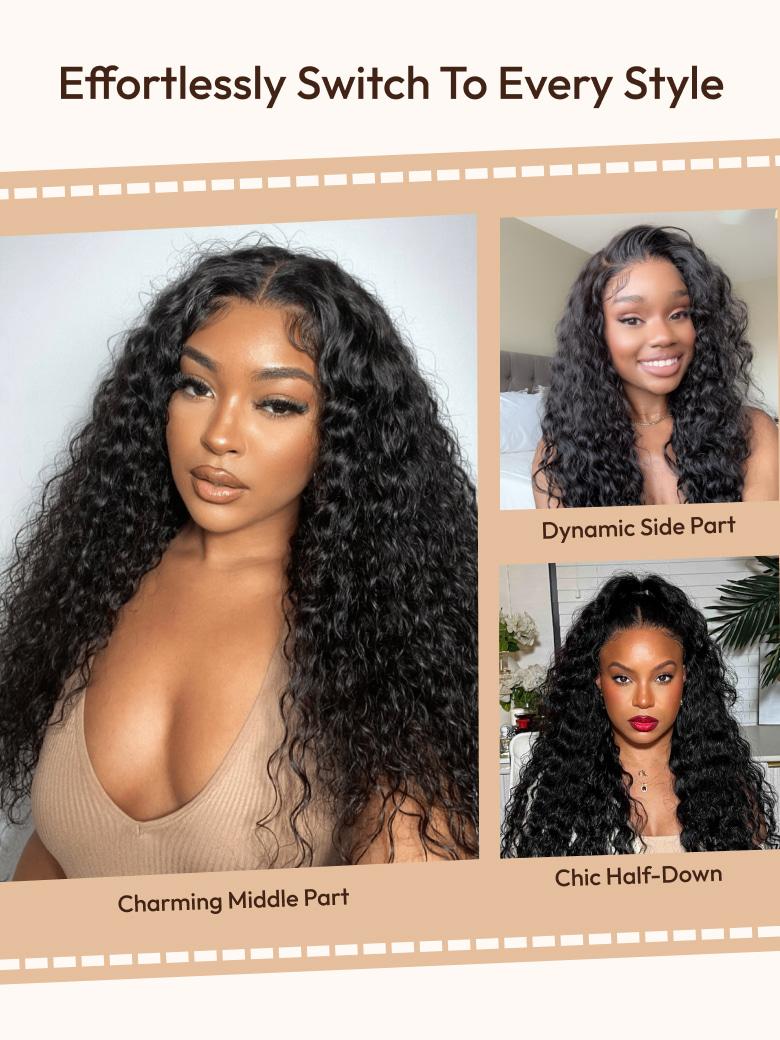 A model displays the UNice With Baby Hair 7x5 Bye Bye Knots Glueless Lace Water Wave Grip Wig With Secure, showing the full lace wigs are available in different styles.