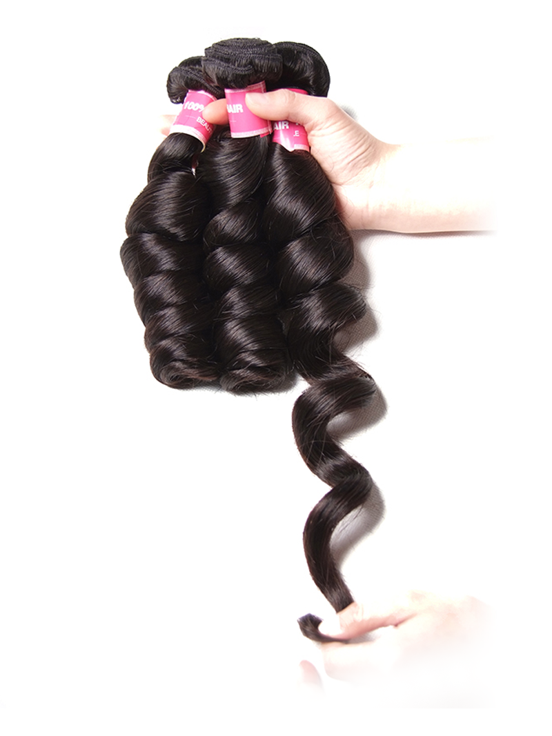 The UNice Hair Loose Wave Hair Extensions Unprocessed Human Virgin Hair product image shows a person holding a hair piece in their hand and loose wave texture.