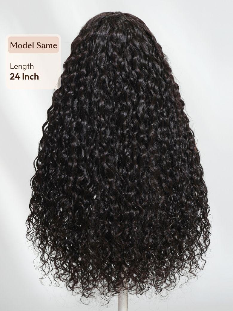 The UNice Full Lace 100% Handmade Invisible Black Water Wave Human Hair 180% Density Wig image highlights Model Same, Length, 24Inch, a wig with curly hair on a white.