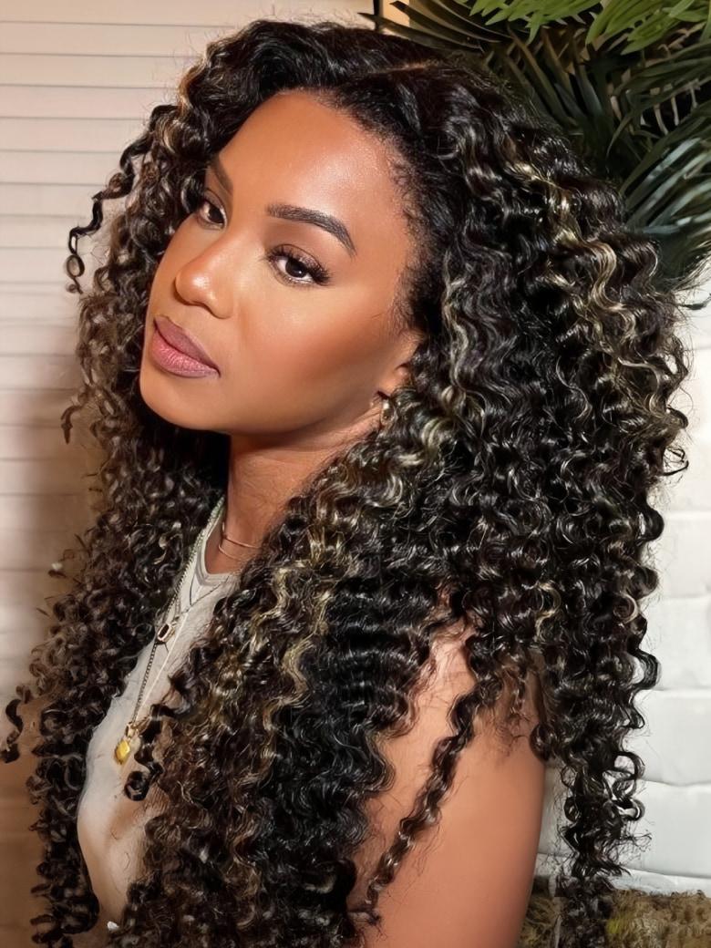 The UNice 22-24" Bye Bye Knots wig 7x5 / 6X4.5/ 13X4 Pre-Cut Lace Honey Brown visual image position 3 shows a model with long curly hair wearing a white top | jerry curl.