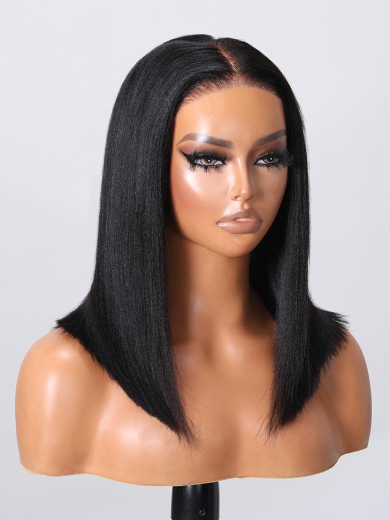 The UNice 13x4 Lace Front Yaki Bob Wig With Invisible Drawstring Pre-Cut, Pre-Bleached & product image shows a wig with long hair on a mann and yaki texture, 13x4, lace.