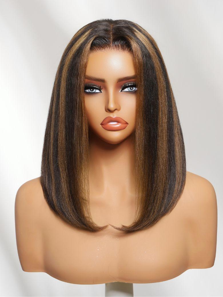 The UNice 7x5 Bye Bye Slip Lace Black with Caramel Highlights Side Part Yaki Straight wig product image shows a wig with long hair and brown highlights and straight.