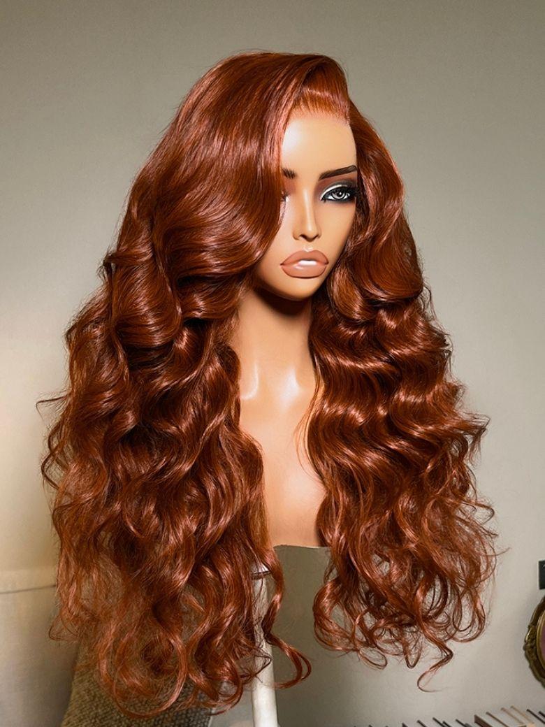 The UNice Bye Bye Slip 7x5 Lace Glueless Copper Auburn Body Wave Drawstring Wig with product image shows a wig with long wavy hair and a brown wig and body wave texture.