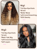 A model displays the UNice $189=2 wig 18 Inch and 16 Inch 7x5 Bye Bye Knots Wig, showing wigs for black women and 7x5.