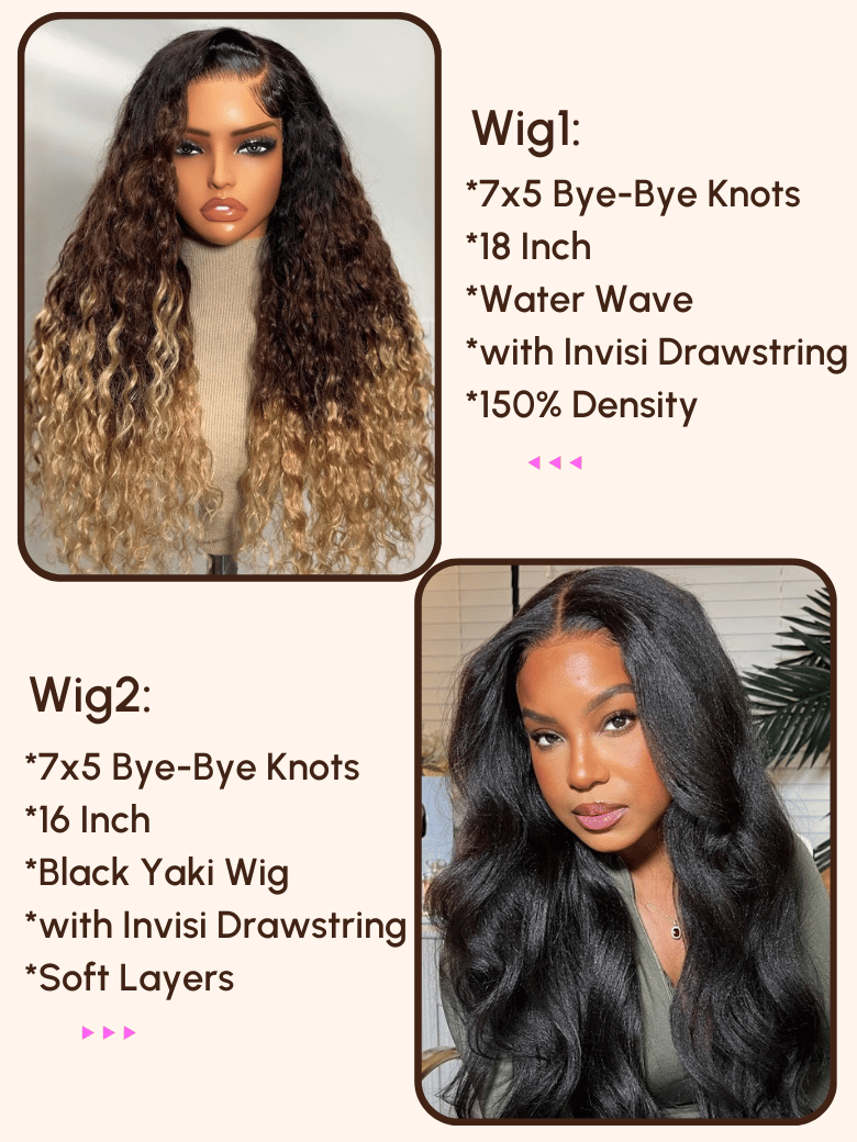 A model displays the UNice $189=2 wig 18 Inch and 16 Inch 7x5 Bye Bye Knots Wig, showing wigs for black women and 7x5.
