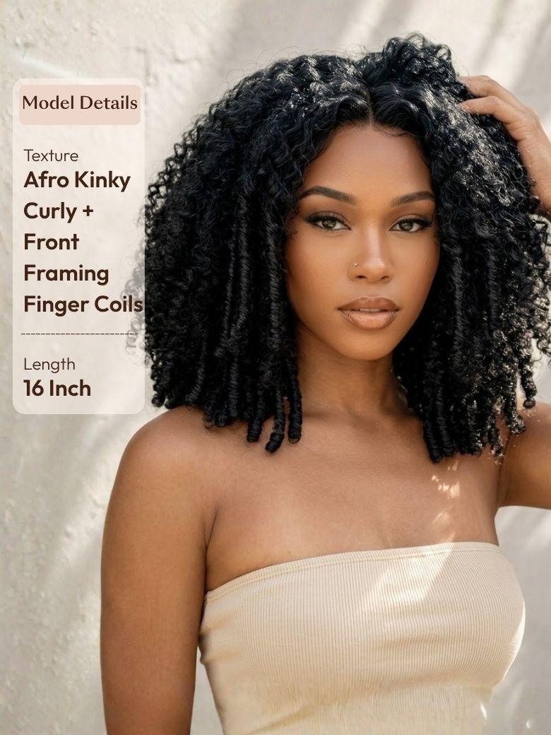 A model displays the UNice 7x5 Lace Bye Bye Slip Natural Black Afro Kinky Curly with Finger Coil Ends wig, showing a model with curly hair and a white top and kinky.