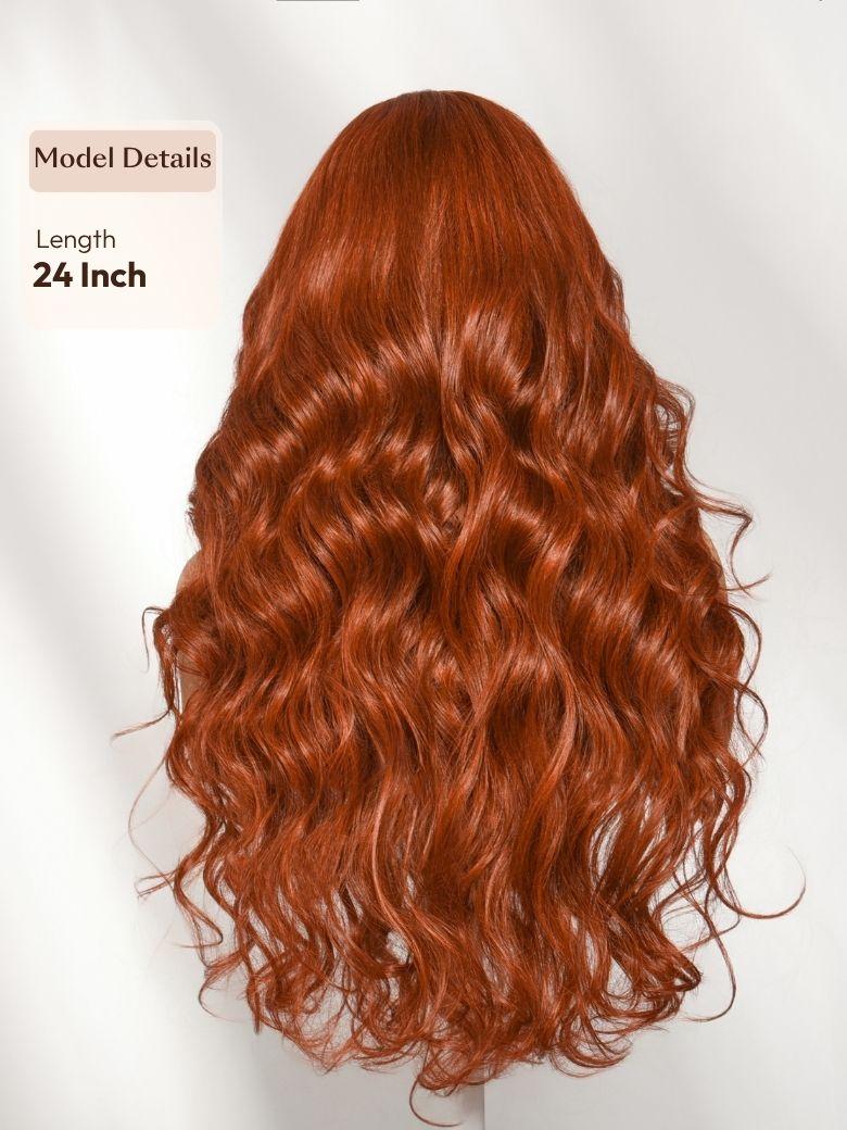 A model displays the UNice Bye Bye Slip 7x5 Lace Glueless Copper Auburn Body Wave Drawstring Wig with, showing a model with long red hair and a long wavy hair and body.